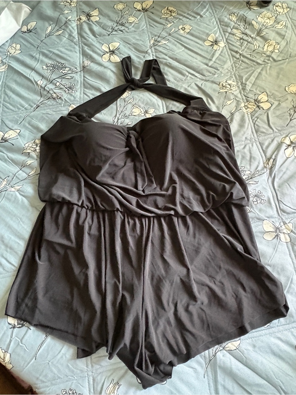 Aqua Green Black Halter Romper with Knot Detail - Picture 2 of 5
